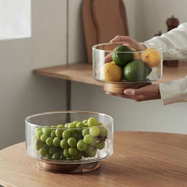 Ensemble de bols à fruits en verre, plateau à fruits/bonbons avec tiges en bois créatives pour la table basse du salon, de différentes tailles