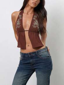 Women Open Front Halter Tops Y2k Floral Deep V Neck Slim Fit Tank Top Sleeveless Backless Camisole Crop Tops Summer Vests Shirts Going Out Tops Vinatge Aesthetic Clothes Party Streetwear - 棕色 - 查看 3