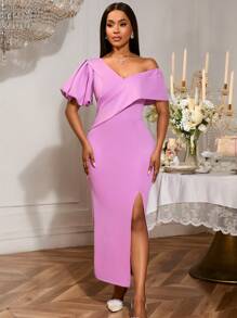 Vestido elegante y romántico de mujer de color púrpura claro con hombros asimétricos, mangas abullonadas, ajuste ceñido y longitud media, con una abertura sexy en el bajo. Adecuado para bodas, fiestas, vacaciones, despedidas de soltera, fiestas de boda, graduaciones y novia.
