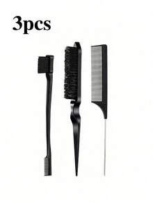 1/3/5/7件套美发造型工具套装，包含梳子、喷雾瓶、透明水瓶、尖尾梳、发际线定型梳，适合作为新年礼物送给女孩，附赠可爱DIY贴纸（款式随机） - 黑色 - 查看 15