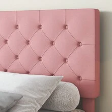 HOMBCK Bed Frame, Upholstered Platform Bed With Headboard, PU Leather Fabric Bed Frame, Button Tufted Design, Bed Frame Queen Full Twin , No Box Spring Required, Easy Assembly - Pink - View 2