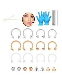 31-33PCS Septum Piercing Kit,16G Surgical Steel Mixed-Size Nose Septum Retainer Rings 14G Piercing Needles Kit Horseshoe Cartilage Helix Tragus Earring Hoop Eyebrow Retainer