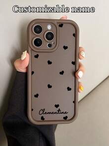 1pc Customized Name Phone Case, DIY Personalized Phone Case. Unique Black Heart Design, Suitable For Christmas, Mother's Day, Easter, Halloween Gifts. Compatible With Apple 16/15/14/13/12 Pro Max, A15/A25/A35/A55/S23/24 Ultra Series, Redmi, OPPO - Brown - View 4