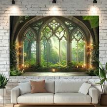 1 Decoración de fondo de fotografía de fibra de poliéster con ventana de catedral gótica en el bosque gótico, gran bandera de decoración de pared para estudio de fotografía, boda, cumpleaños, aniversario, hogar de las cuatro estaciones y decoración de evento del jardín