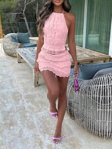 Women Y2k 2 Piece Mini Skirt Set Backless Tie Up Crop Halter Top And Smocked Lace Mini Skirt Summer Beach Vacation Outfits Halter Sleeveless Frill Patchwork Backless Crop Tank Top Low Rise Skirt Going Out Outfit Summer Holiday Club Party Two Piece Outfit Streetwear - 粉色 - 查看 4