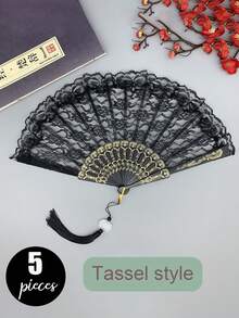 5片/2片/1片 新款中式复古黑色蕾丝折扇旗袍扇流苏古风单层兰花手扇折扇舞台表演扇舞台道具摄影折扇道具 - 彩色 - 查看 16