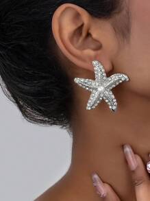 1 Pair Women's Elegant Diamond-Studded Starfish Stud Earrings, Shiny & Suitable For Everyday And Holiday Wear