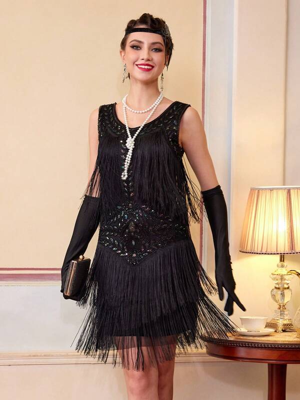 1920s Sleeveless Flapper Dresses Scoop Neck Great Gatsby Dresses Fringed Sequin Roaring 20s Dress Cocktail Dress