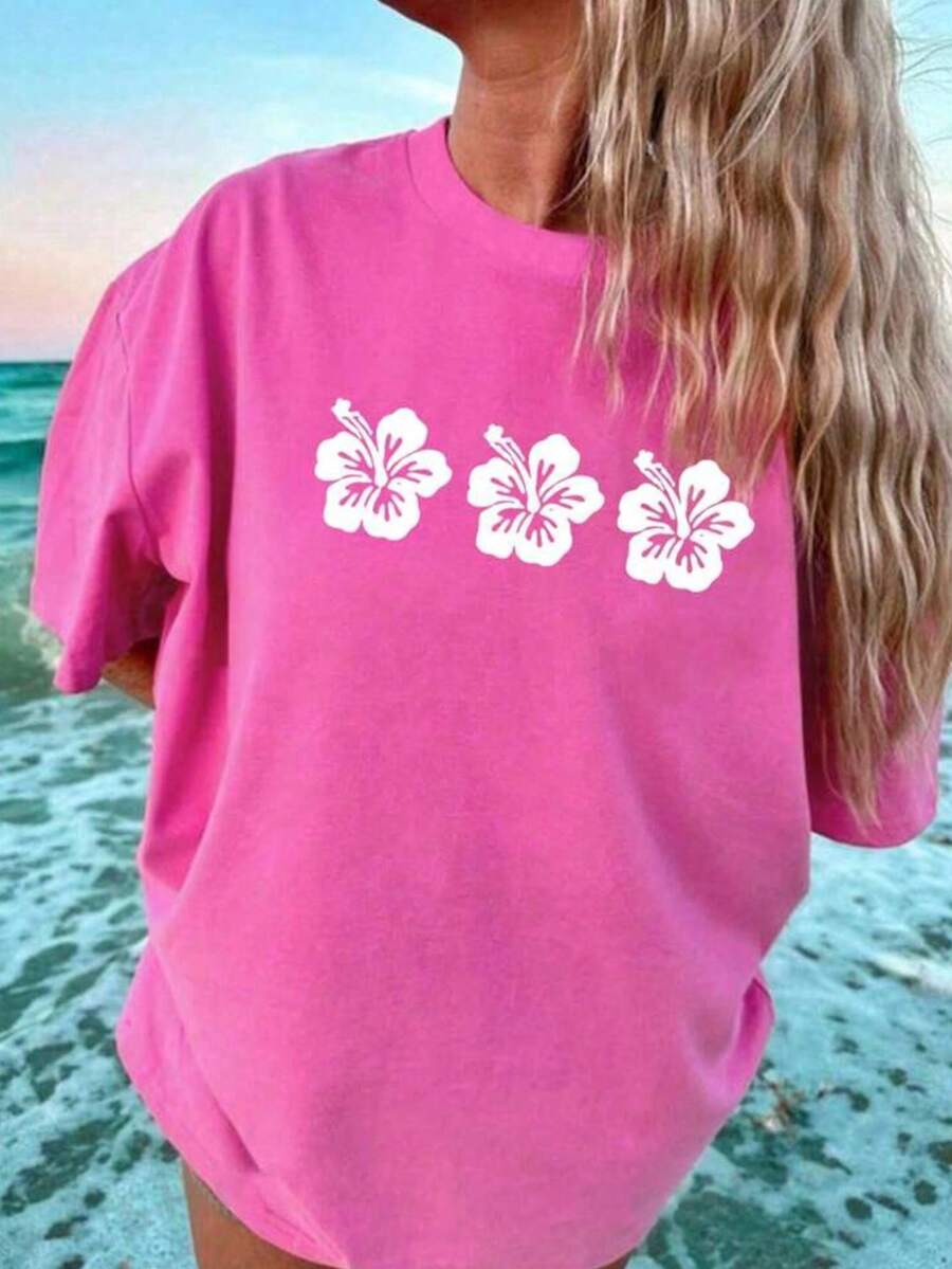 Plus Size Lotus Vacation Plus Size T-Shirt Graphic Tees Women Tops - Hot Pink - View 1