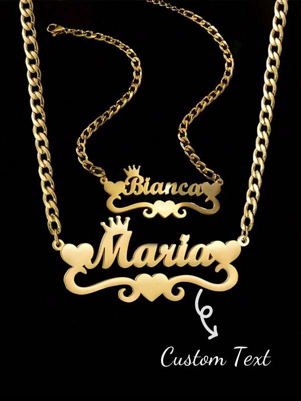 2PCS 18k Gold Stainless Steel Love Crown Wave Design Name Necklace & Name Bracelet Set, Personalize Customized Mother's Day Gift Boys And Girls Silver/Gold Color,Adjustable And Personalized Electroplated 18k Gold Stainless Steel Fashion JewelryPendant Necklace & Bracelet Set,Fashion, Vintage, Casual, Simple Customization Everyday Wear, Birthday, Mother's Day