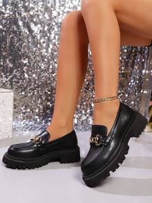 2025 New Thick Sole Women Black Loafers, Casual Fashion Gold Buckle Slip-On Round Toe Everyday Wear Commute Retro Leather Shoes, Suitable For Nurses And Flight Attendants - Black - View 6