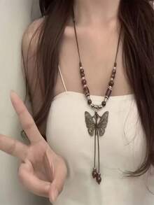 1 件女士波西米亚风格复古蝴蝶吊坠多层可调节手工串珠项链 - 棕色 - 查看 2