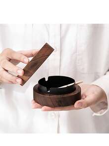 1 件复古圆形烟灰缸，便携式装饰烟灰缸，带木盖、底座和不锈钢结构，有金色、黑色和银色内饰可选，适用于家庭、办公室、汽车、户外