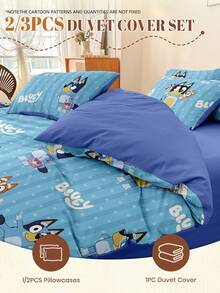 2/3 piezas Conjunto de ropa de cama Bluey, Conjunto de ropa de cama, Conjunto de funda de edredón hipoalergénico, Conjunto de funda de edredón con estilo de dibujos animados, Conjunto de ropa de cama suave y cómodo para dormitorio, con cierre de cremallera, esquinas con lazos, transpirable, ligero y suave como la seda, adecuado para todas las estaciones, para cama individual/matrimonio/king, 1 pieza funda de edredón y 2/1 pieza funda de almohada, regalo perfecto para vacaciones, decoración de otoño, decoración de habitación, vuelta al colegio, útiles escolares - Azul - Ver 2