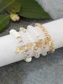 Bộ 4 vòng tay co giãn mặt dây chuyền hình bướm đính đá pha lê phong cách Bohemian, vòng tay đính hạt vàng có thể xếp chồng lên nhau dành cho nữ/bé gái, trang sức quyến rũ nhiều màu sắc, phong cách Boho mùa hè đi biển. - Nhiều màu - Xem 4