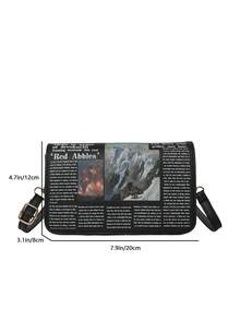 Newspaper Letter Print Minimalist Fashion Shoulder Bag & Mini Square Handbag - Black - View 11