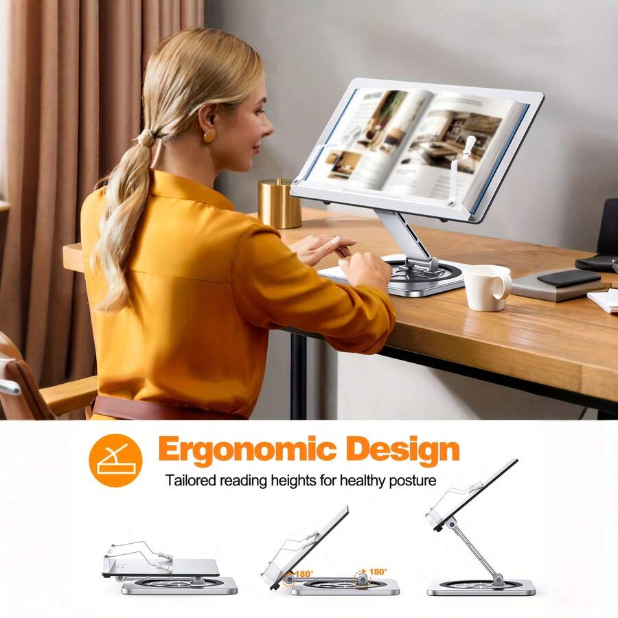 1pc Adjustable Aluminum Alloy Bookshelf, 360° Rotating Liftable Swivel Base, Elastic Page Clips, Ergonomic Desk And Kitchen Counter Recipe Holder For Cookbooks, Textbooks, Sheet Music, Student Reading, Reading Bookshelf, Tablet, Laptop Stand - Multicolor - View 1