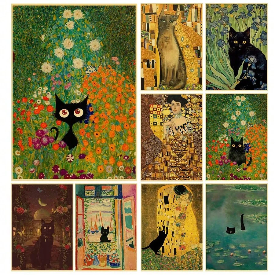 1pc Wall Arts Posters Optional Frame Vintage Van Gogh Monet Waterlily Black Cat Posters Coffee Stickers Kraft Paper Living Community Bar Art Painting Home Room Decoration ,Wall Art With Frame
