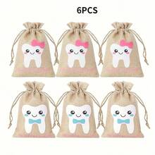 6pcs Adorable Linen Tooth Shape Drawstring Storage Pouch, Suitable For Gift Collection, Holidays & Parties - Flax - View 2