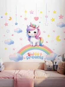 1pc Rainbow Unicorn Wall Sticker Durable Waterproof PVC Sticker Self-Adhesive Easy To Peel Suitable For Wall Stickers Bedroom Window Stickers Background Wall Decoration Living Room Home Decoration Make Your Home Refresh Holiday Decoration Stickers Birthday Graduation Gift