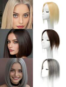 Postizo elegante hecho a mano para mujeres, de cabello humano real natural negro, con sistema de clip, ligero y sin costuras, para cabello ralo, cobertura de canas, estilo liso, para modificar la forma del rostro