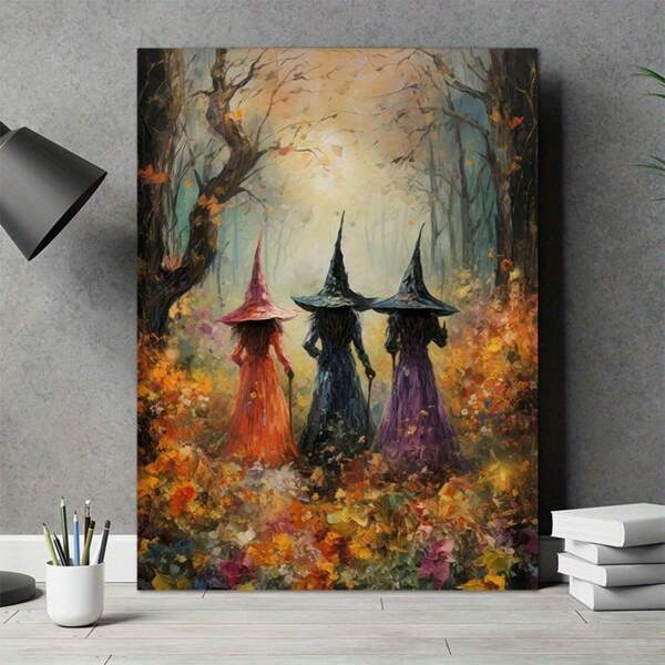 1 Pc Framed Beautiful Witch, Landscape Canvas Painting Witch Poster Halloween Canvas Print Vintage Mural Art Spooky Home Decor Perfect Gift For Horror Fans Modern Artwork Bedroom Living Room, Unframed ,Wall Art With Frame Halloween Decor Fall Decor Room Decor