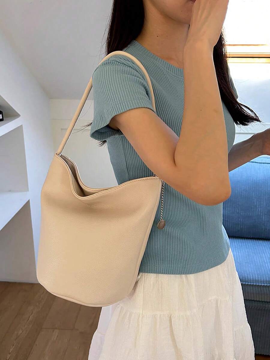 2025夏季新款软皮蔬菜篮包，小众单肩包，通勤腋下包 - 白色 - 查看 1