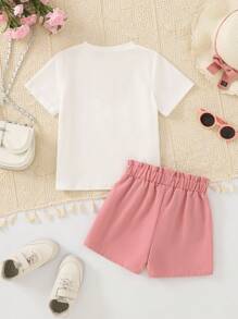 2 pièces/Set Ensemble de tenues d'été pour jeune fille 2025 - T-shirt imprimé nœud et shorts avec ceinture, vêtements légers pour tout-petits convenant aux anniversaires, rassemblements familiaux, été et automne (Âge 2-3, 4-5, 6-7 ans)