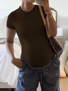 Maternity Jumpsuit Romper T-Shirt, Solid Color Round Neck, Minimalist, Versatile, Slimming