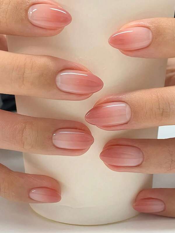 24pcs Short Oval French Style Red Gradient False Nails, Nail Art Set, Detachable Full Coverage, Comes With A Sheet Of Jelly Glue And A Mini Nail File, Suitable For Daily Casual Use.