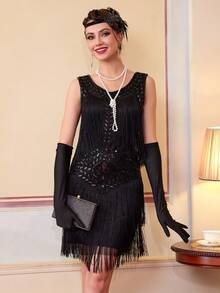 1920 年代无袖轻佻连衣裙 圆领“了不起的盖茨比”连衣裙 流苏亮片“咆哮的 20 年代”连衣裙 鸡尾酒会礼服 - 黑色 - 查看 7