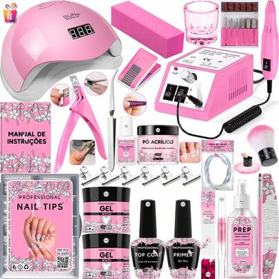 Kit Unha Gel Acrigel Fibra Para Iniciantes Completo Cabine Sun 5 estufa Unhas lixadeira elétrica Manicure Profissional