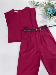 Women's Set: Summer Sleeveless Solid Color Round Neck Top And Wide Leg Pants With Belt And Bag - Redwood - View 1