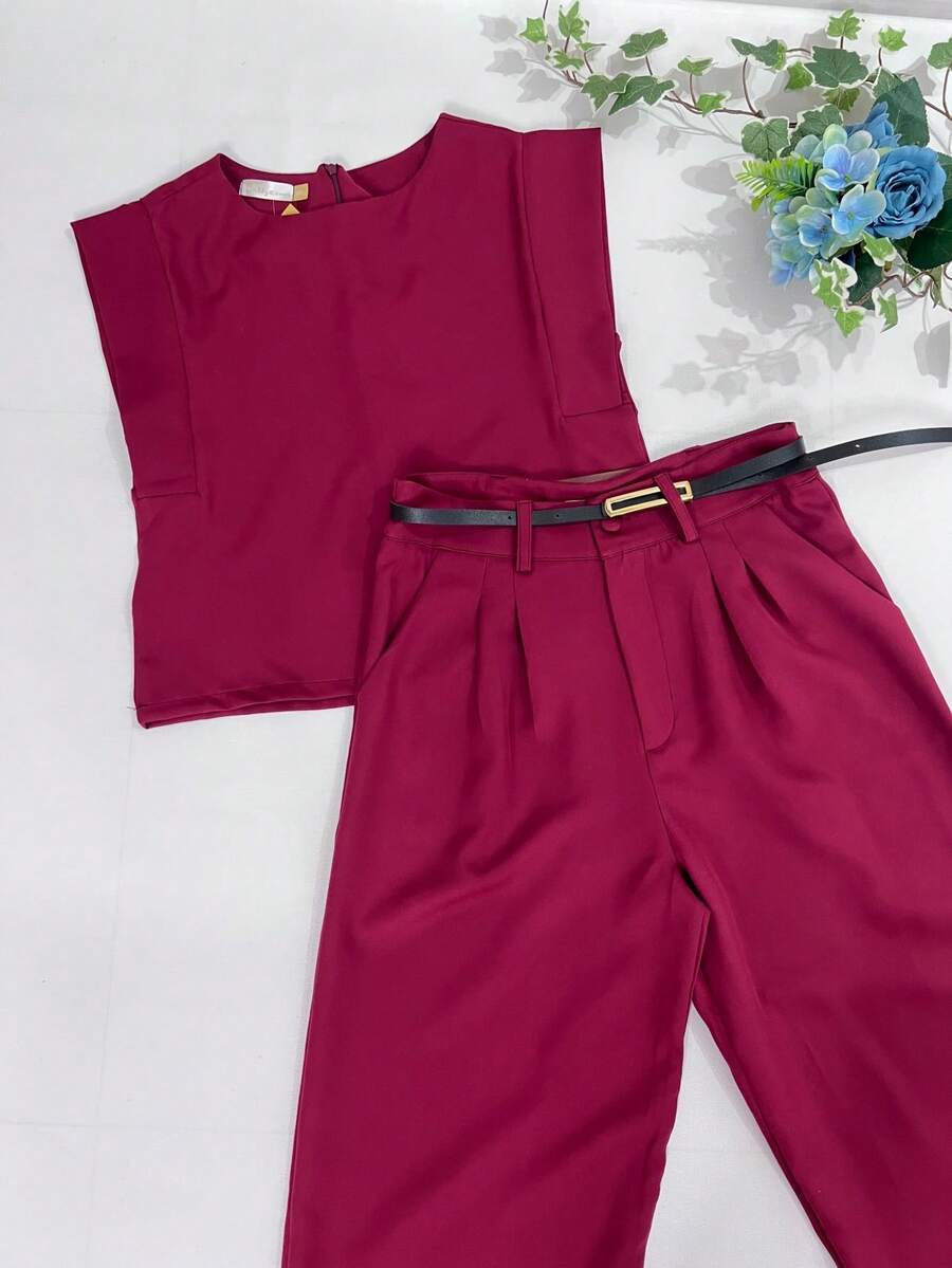 Women's Set: Summer Sleeveless Solid Color Round Neck Top And Wide Leg Pants With Belt And Bag - Redwood - View 1