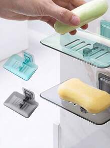1pc Punch-Free Adhesive Soap Holder With Slotted Drain, Wall Mount Soap Case For Bathroom Sink And Shower, Efficient Water Draining Soap Bar Tray, Easy To Attach Strong Suction Soap Dish, Contemporary Design Soap Organizer, Durable And Practical Bathroom Accessory. Back To School