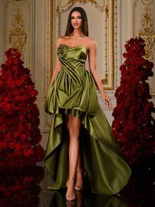 Luxury Green Off Shoulder Satin Strapless Hi-Lo Dress With Rosette Detail, Asymmetrical Prom Gown For Women, Elegant Party Evening Dress, Statement Design, Formal Occasion Wear - Olive Green - View 7