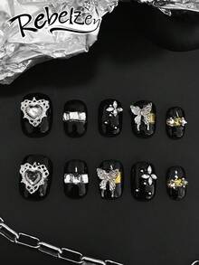 10 Pieces Of Hand Pressed Square Nails, Dark Style Nail Art, Beautiful Fake Nails, DIY, Halloween Nails, Butterfly, Heart Nail Accessories, Black Nail Sequins, Suitable For Girls And Ladies For Weddings, Parties, Holiday Scenes, Gift A Nail Kit - Black and White - View 2