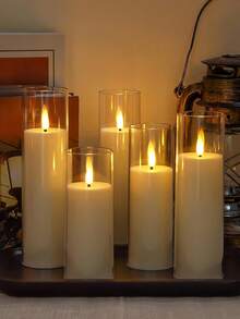5pcs Acrylic Flameless Flickering Candles With Remote Control Timer, Battery Operated LED Candles 2.2" X 5", 5", 6", 7", 8" Plastic Pillar Candles, Suitable For Wedding, Living Room, Bathroom, Wedding, Holiday, Party, Farmhouse, Bedroom (Long-Lasting , Ivory Color) - White - View 3