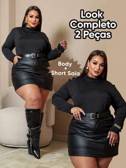 CONJUNTO PLUS SIZE LOOK INVERNO SAIA COURO BLUSA GOLA MANGA LONGA BODY SEXY BALADA FESTIVAL 2 PEÇAS TAMANHOS 48 A 54