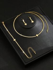 4件套优雅首饰套装 - 项链、耳环、手链，女士适用，适合派对、婚礼、感恩节、情人节等场合佩戴。 - 金色 - 查看 3