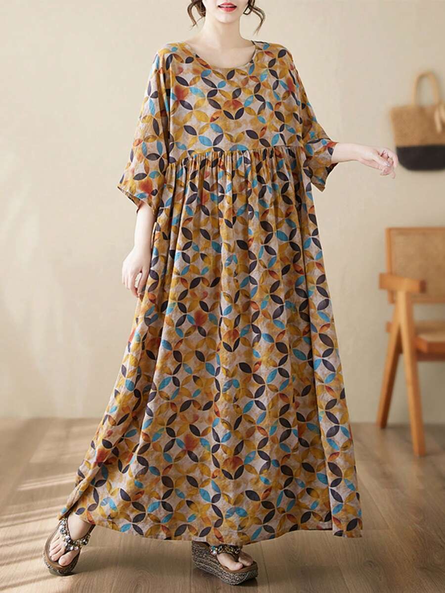 AZAH 萬聖節優雅舞會上衣,夏季圓領寬鬆喇叭洋裝,夏季長洋裝,波希米亞休閒度假沙灘洋裝,女款大尺碼洋裝 - 黃色 - 查看 1