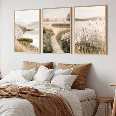 1pc/3pcs Set Modern Countryside Lake, Sunset, Reed Natural Landscape Wall Art Decor Painting, Contemporary Art Decorative Poster, Canvas Painting, Suitable For Living Room, Bedroom, Home Office, Bathroom, Dining Room - Vertical Version, With/Without Frame, Framed Wall Art