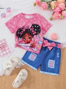 Set de 3 piezas para niñas jóvenes que incluye: Camiseta asimétrica con gráfico lindo de verano + Pantalones cortos efecto denim con cinturón