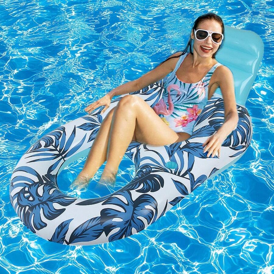 New Swimming Floating Board Inflatable Water Sunshade U-Shaped Seat Ring Swimming Pool Water Backrest Lounge Chair Floating Row Maple Leaf Floating Chair Sand Floating Boat - Blue - View 1