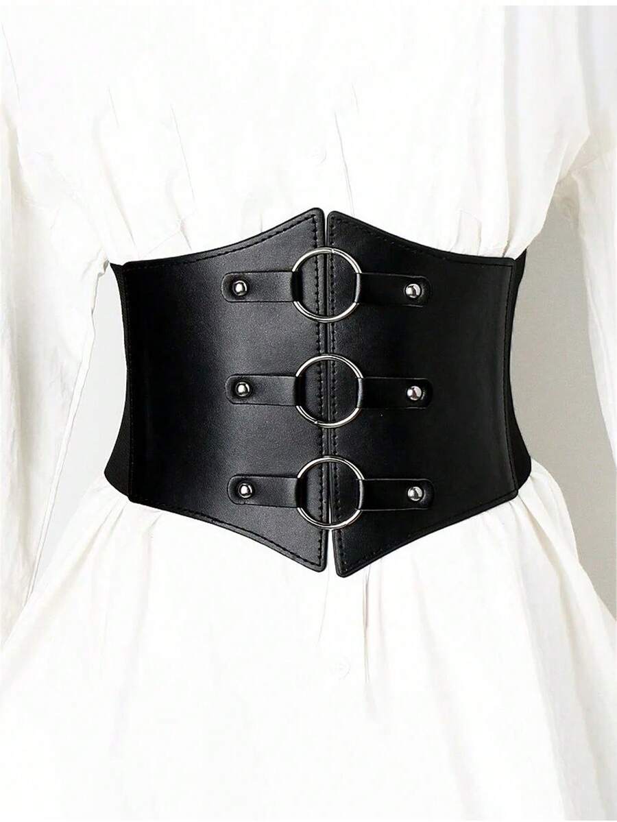 1pc Women's Dark Fashion PU Leather Elastic Corset Belt With Round Ring Decor, Versatile For Halloween, Renaissance Outfit - Black - View 1