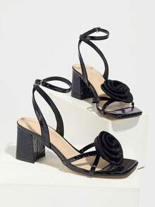 女式高跟凉鞋，春夏，时尚派对户外活动方头闪亮 3D 花卉性感裸色系带，优雅黑色 - 黑色 - 查看 6