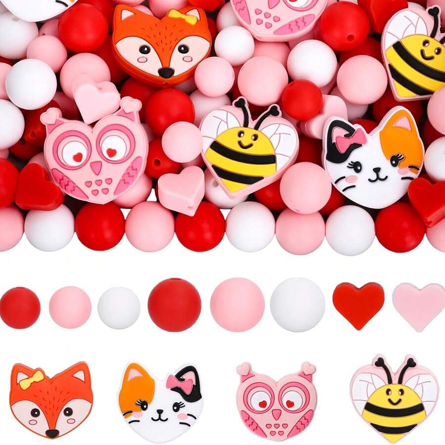 59/103 piezas Cuentas de silicona con forma de animales, rojo y rosa, redondas y en forma de corazón, goma de animales, con cordón elástico, adecuado para manualidades DIY, llaveros, joyería - Multicolor - Ver 1