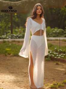 Sexy Knit White Cut Out 2 Pcs Set 2025 Women's Summer Bell Sleeve Lace-Up Loose Top Beach Vacation Half Skirt Two Pieces - White - View 4