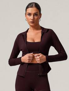 Sodalemon Women Fitness Full Zipper Gym Training Outdoor Elastic Long Sleeve Casual Running Sport Workout Jacket - Burgundy - View 7