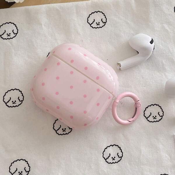 Pink Polka Dot Simple Design Earphones Case + Hanging Ring Set, Suitable Compatible With Apple AirPodsPro2/AirPodsPro/AirPods4/AirPods3/AirPods2